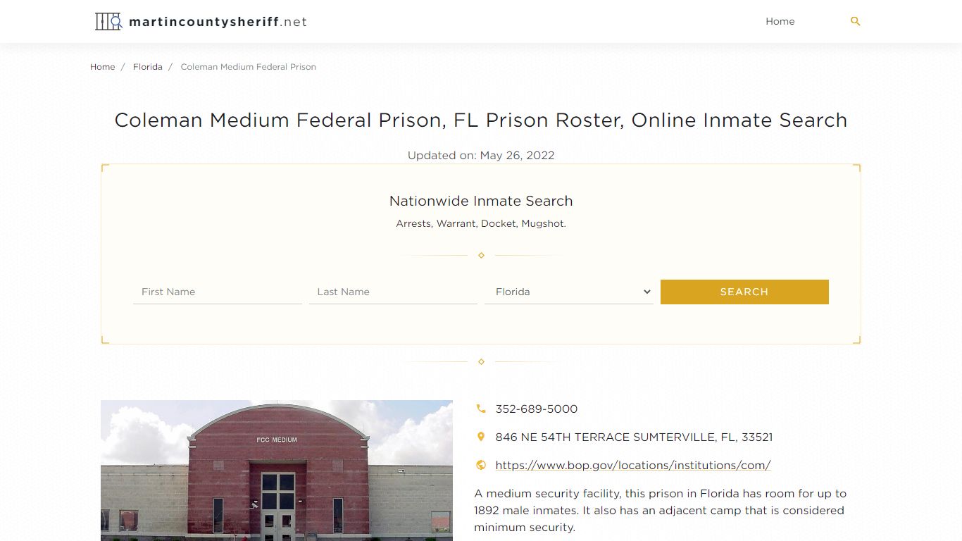 Coleman Medium Federal Prison, FL Prison Roster, Online ...